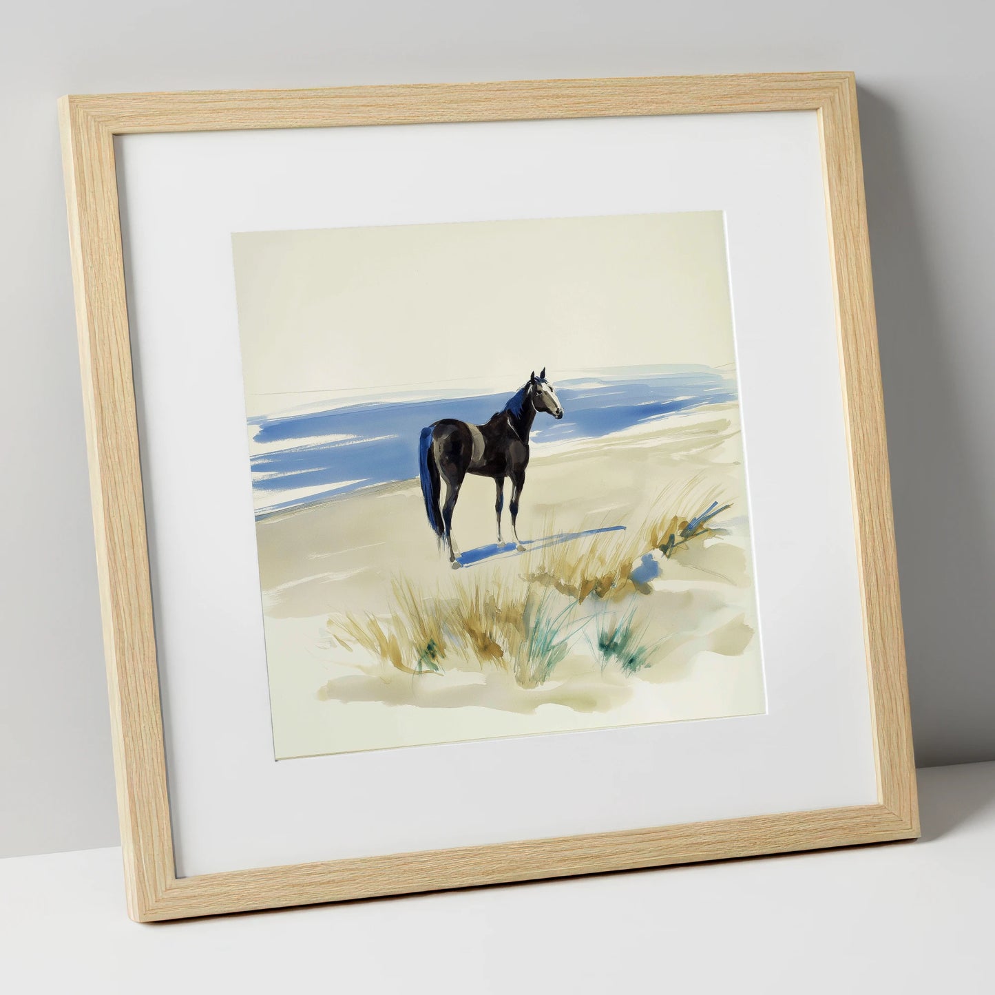 Coastal Silhouette horse landscape art print in natural frame