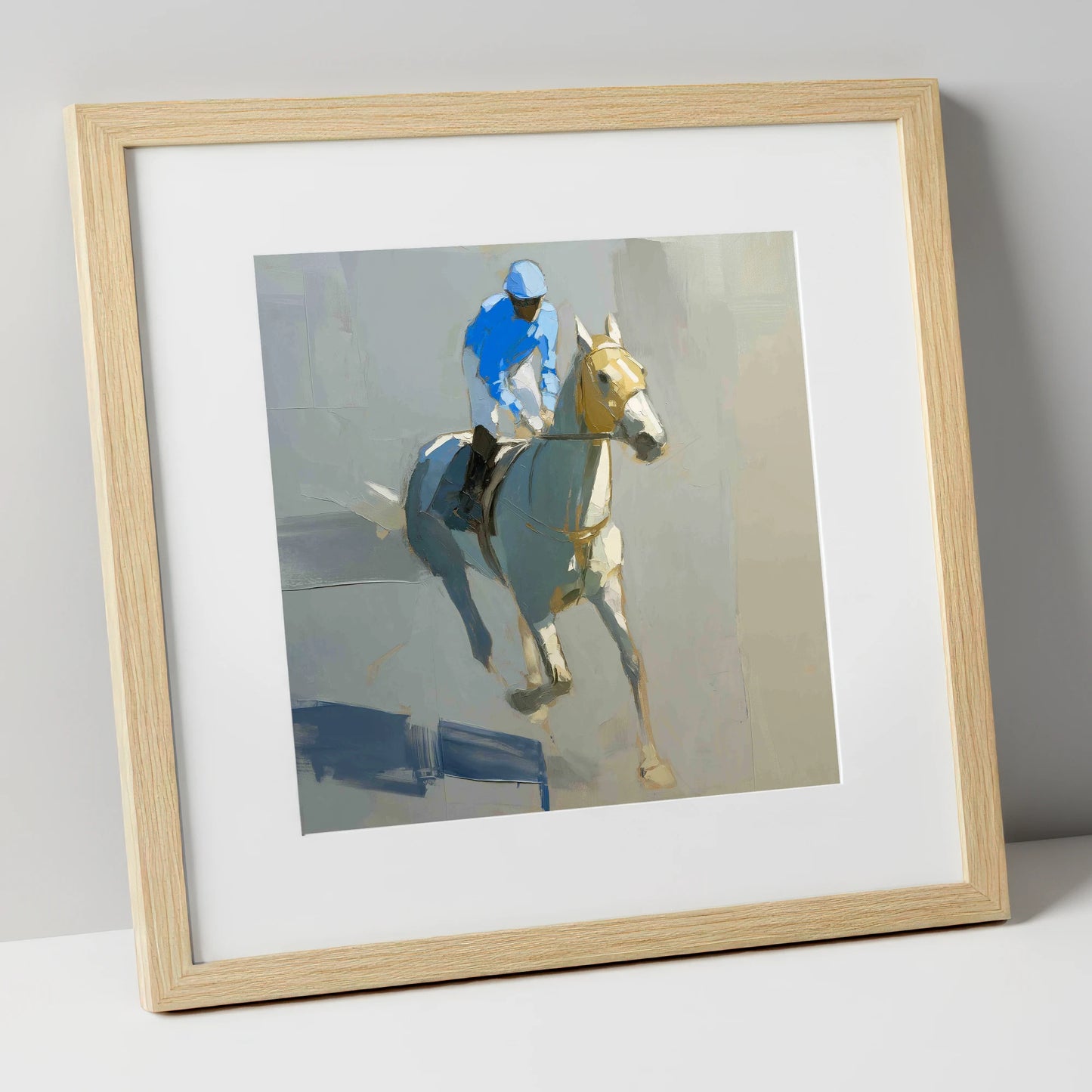 The Blue Silk Focus racing horse art print in natural frame