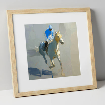 The Blue Silk Focus racing horse art print in natural frame