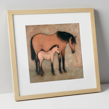Earthen Bond mare & foal art print in natural frame