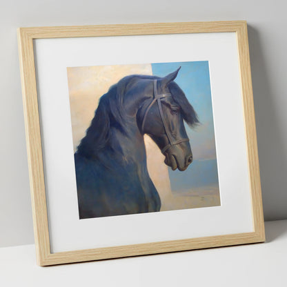 Noble Black Profile horse breed art print in natural frame