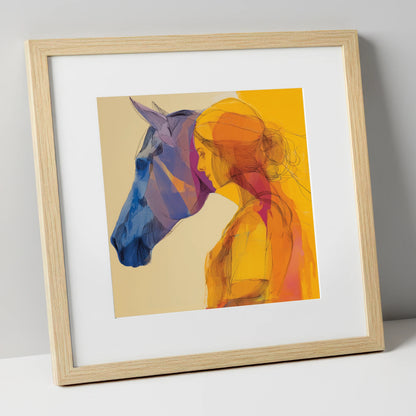 Vibrant Bond horse & rider art print in natural frame