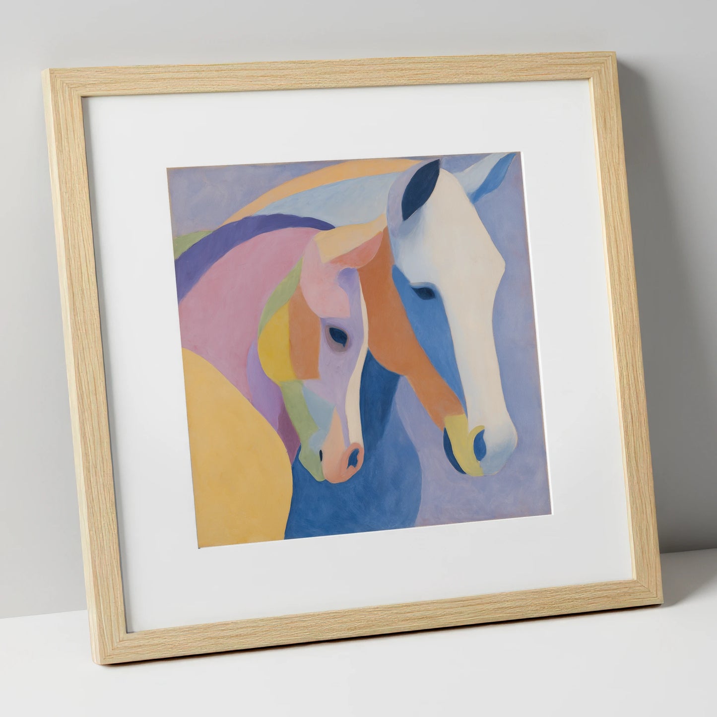 Pastel Equine Harmony mare & foal art print in natural frame