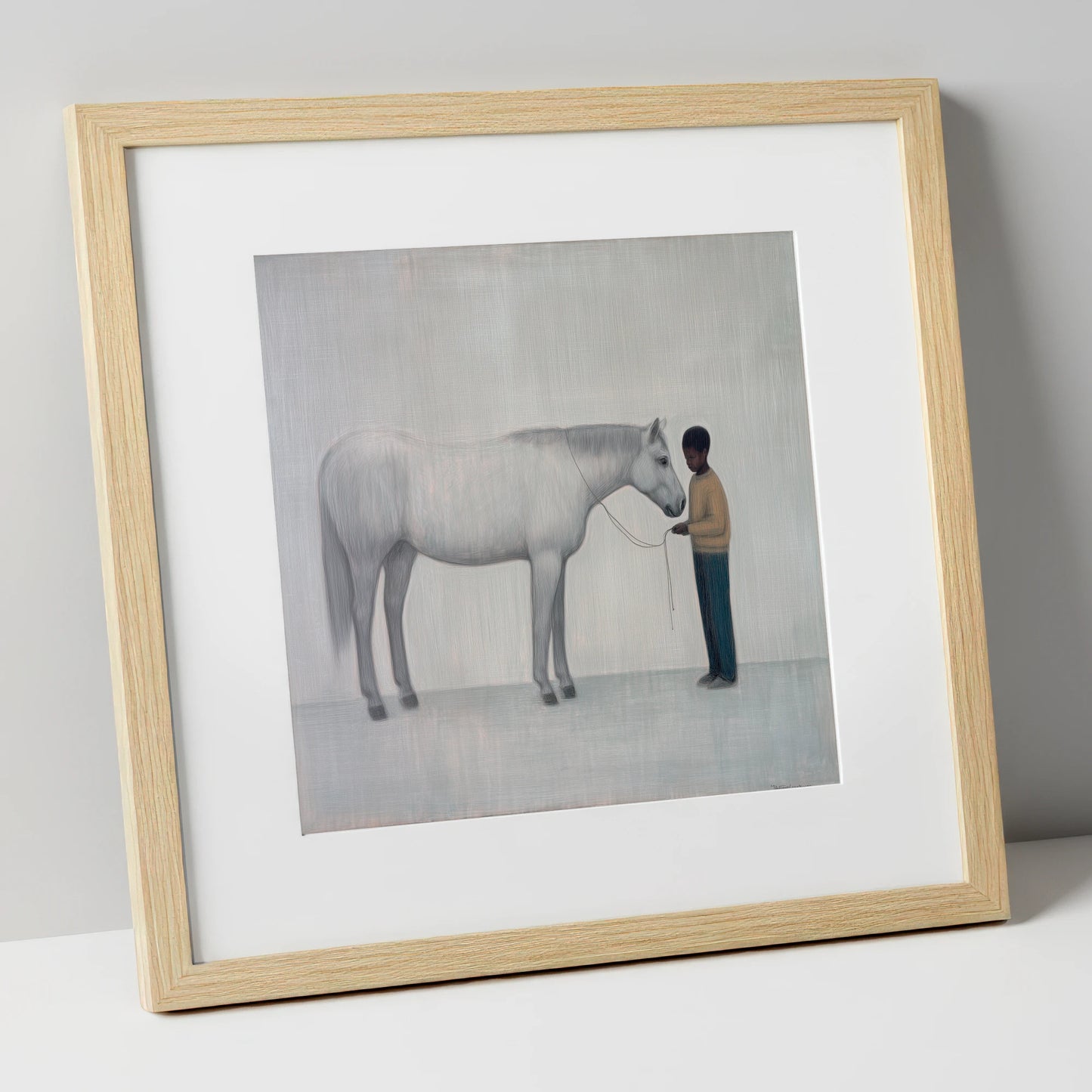 Silent Understanding horse & rider art print in natural frame