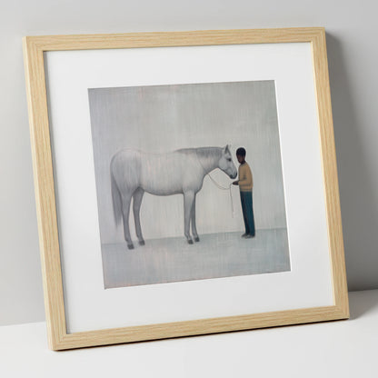 Silent Understanding horse & rider art print in natural frame