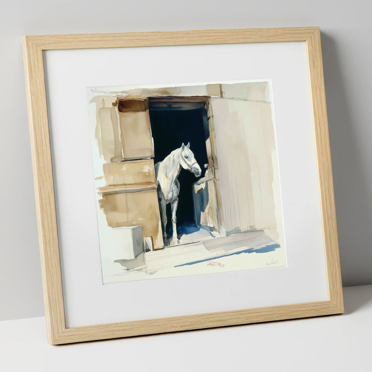 The Quiet Grey horse stable art print in natural frame