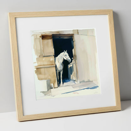 The Quiet Grey horse stable art print in natural frame