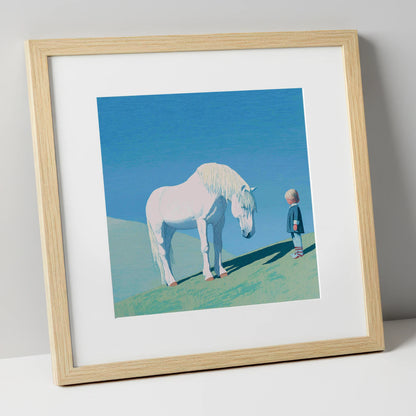 The Gentle Meeting horse & rider art print in natural frame