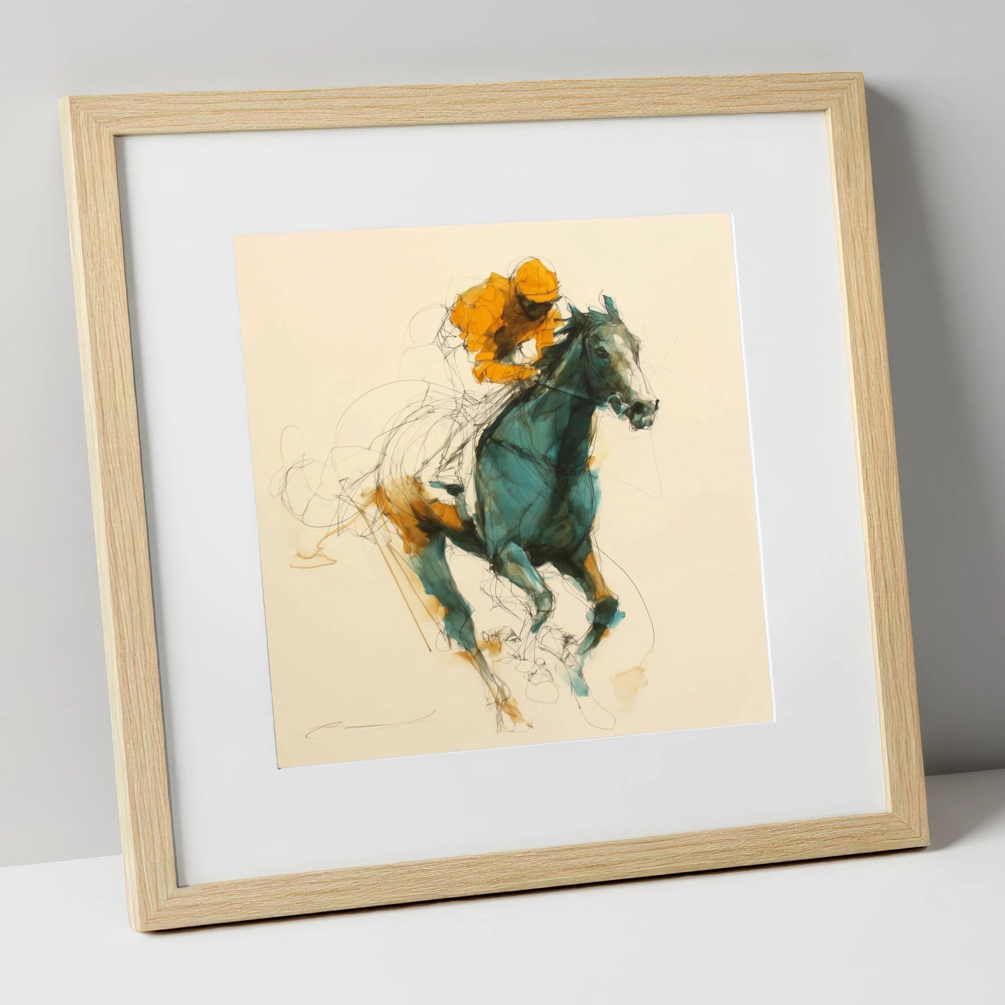 The Amber Surge racing horse art print in natural frame