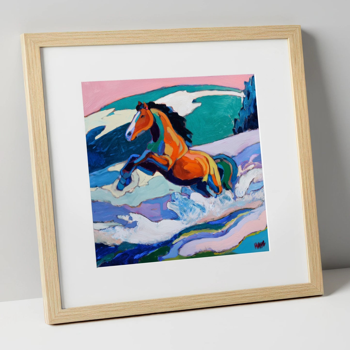 Vivid Coastal Leap beach horse art print in natural frame