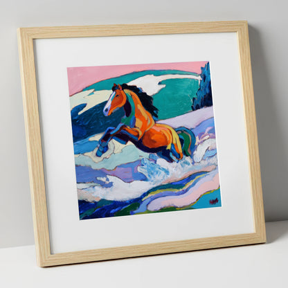 Vivid Coastal Leap beach horse art print in natural frame