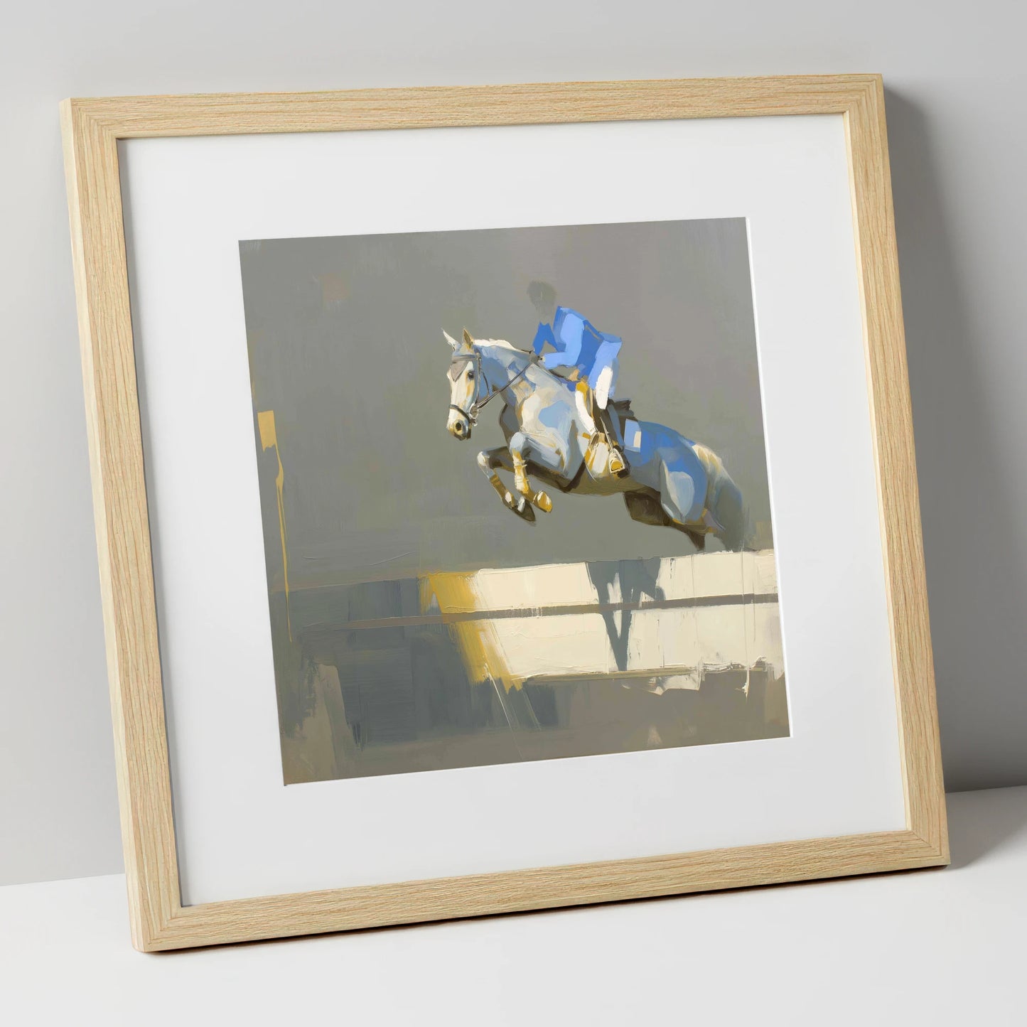 Ascent in Blue show jumping horse art print in natural frame