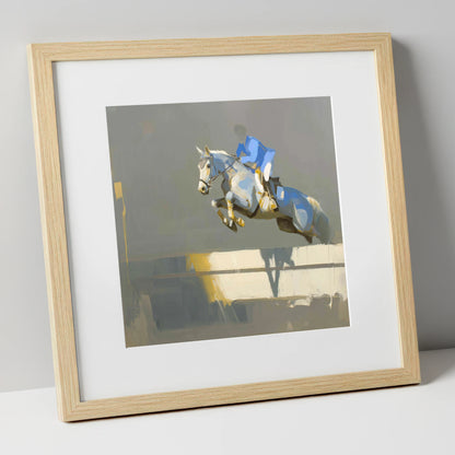 Ascent in Blue show jumping horse art print in natural frame