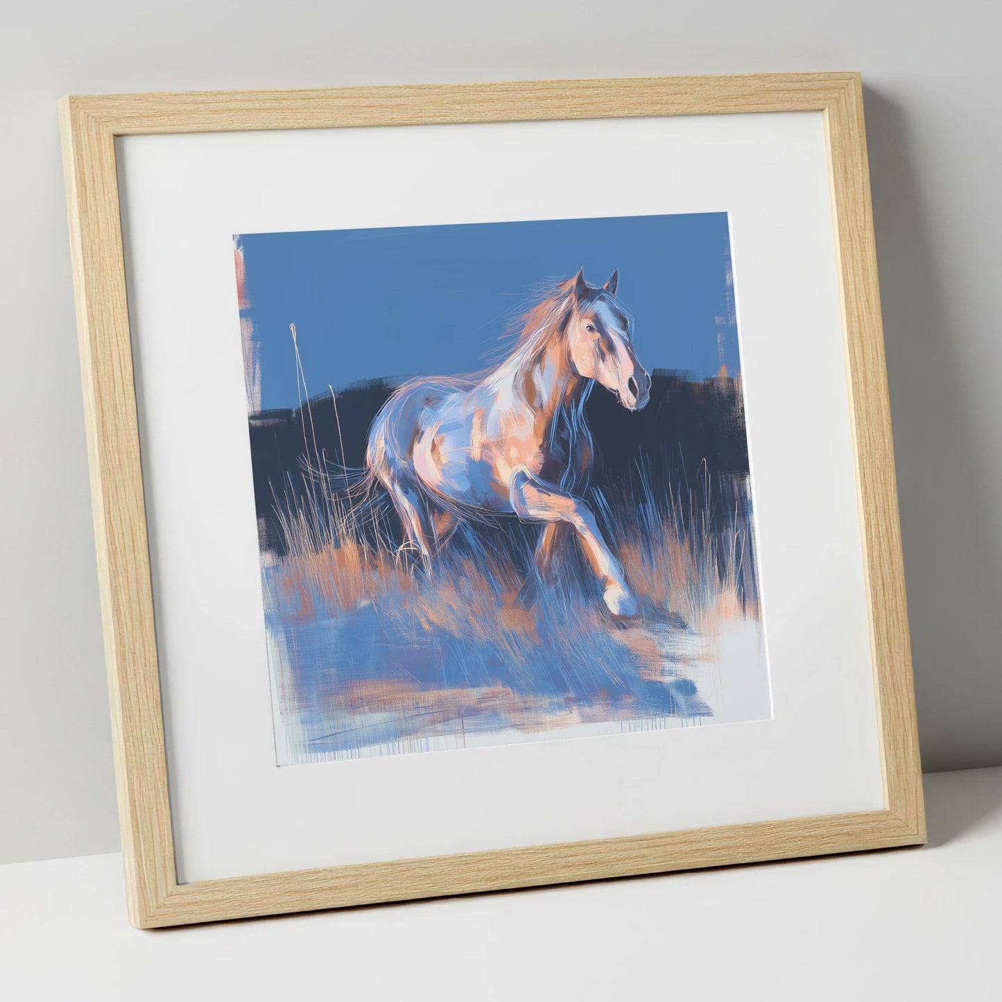 Wanderer in Blue horse landscape art print in natural frame