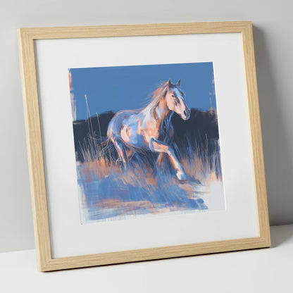 Wanderer in Blue horse landscape art print in natural frame