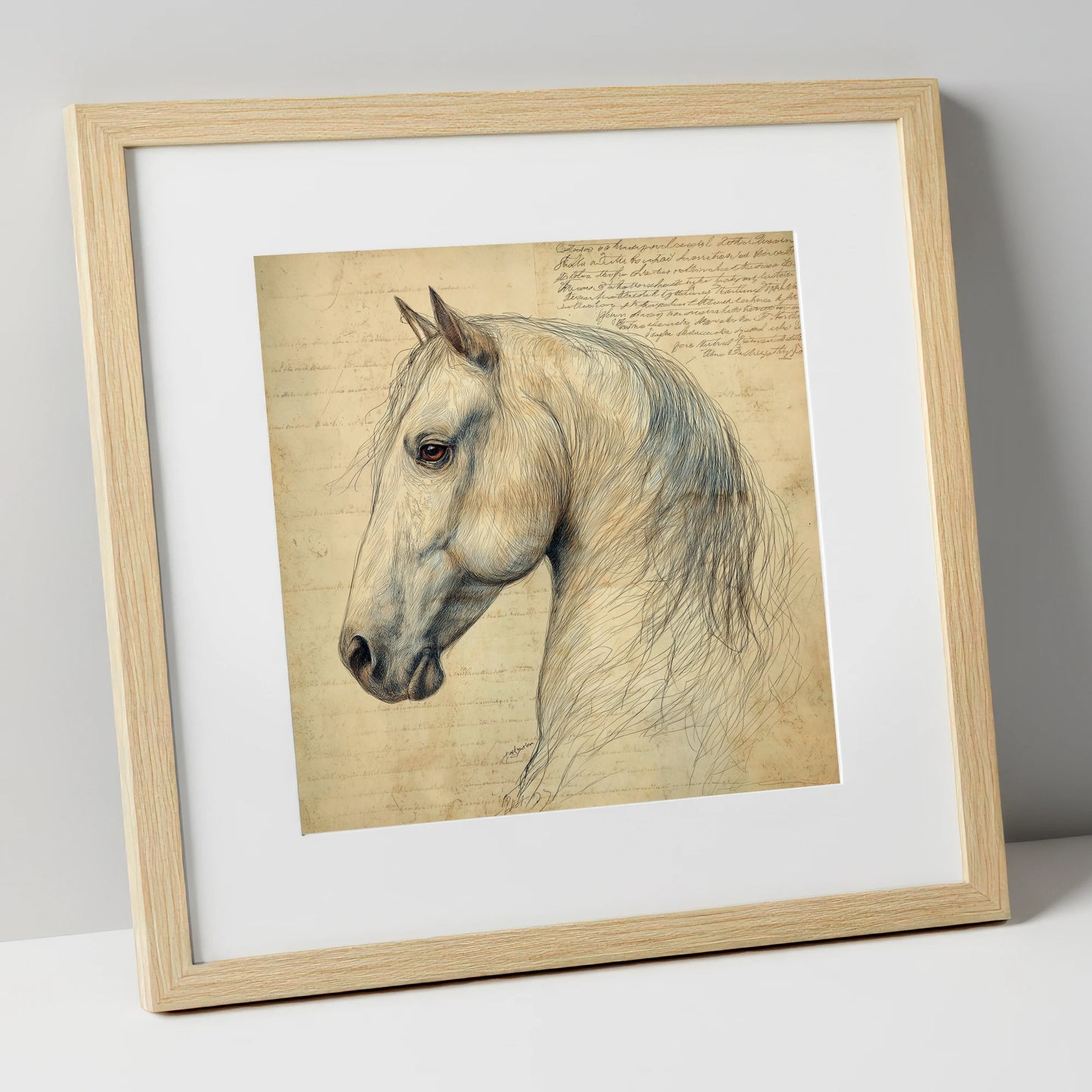 Classical Equine Study horse portrait art print in natural frame