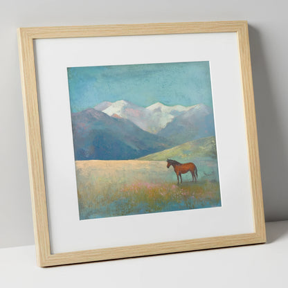 Alpine Solitude horse landscape art print in natural frame