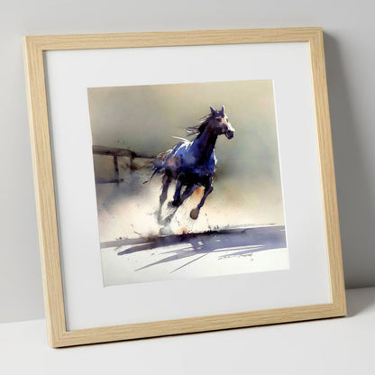 The Breakaway racing horse art print in natural frame