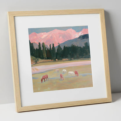 Alpenglow Pastures horse landscape art print in natural frame