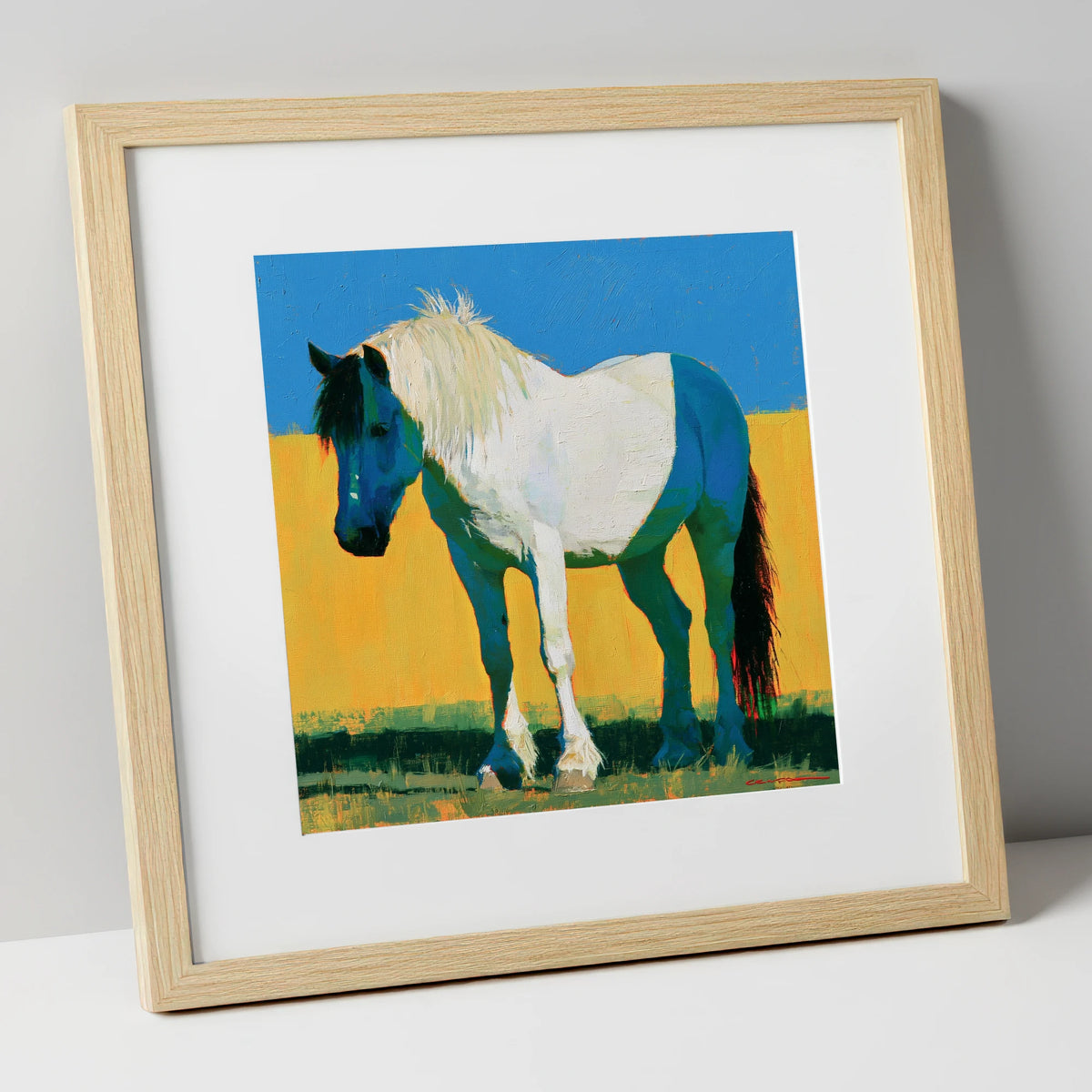 Bold Blue and White Cob horse breed art print in natural frame
