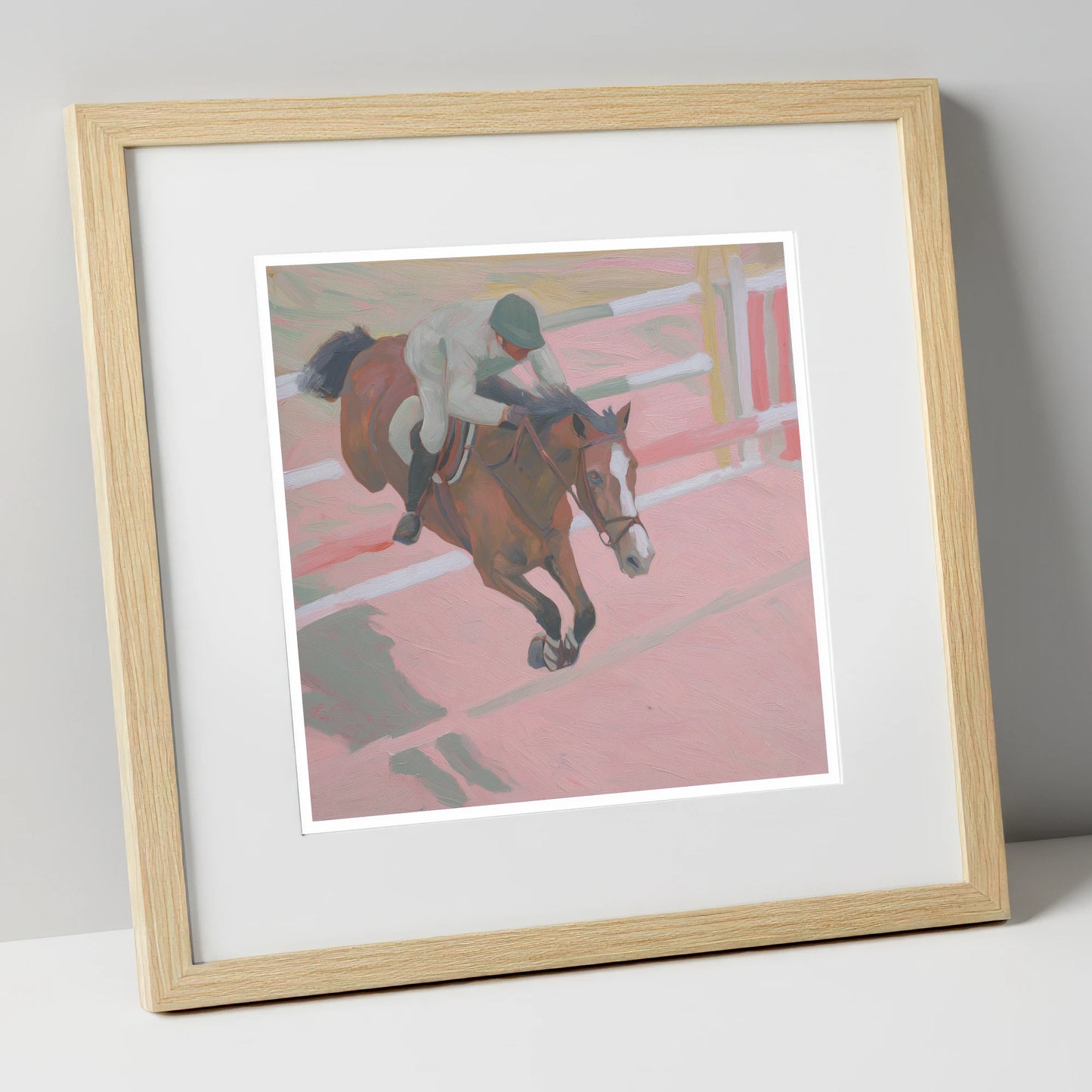 Suspended in Pink show jumping horse art print in natural frame