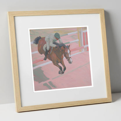 Suspended in Pink show jumping horse art print in natural frame