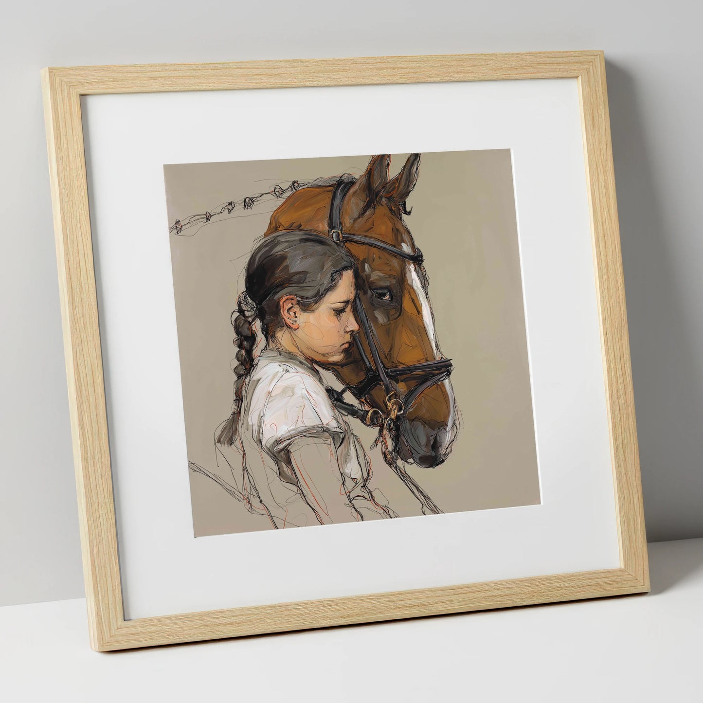The Quiet Bond horse & rider art print in natural frame
