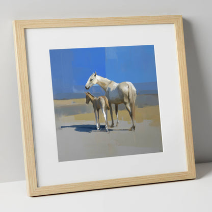 Under the Azure Sky mare & foal art print in natural frame