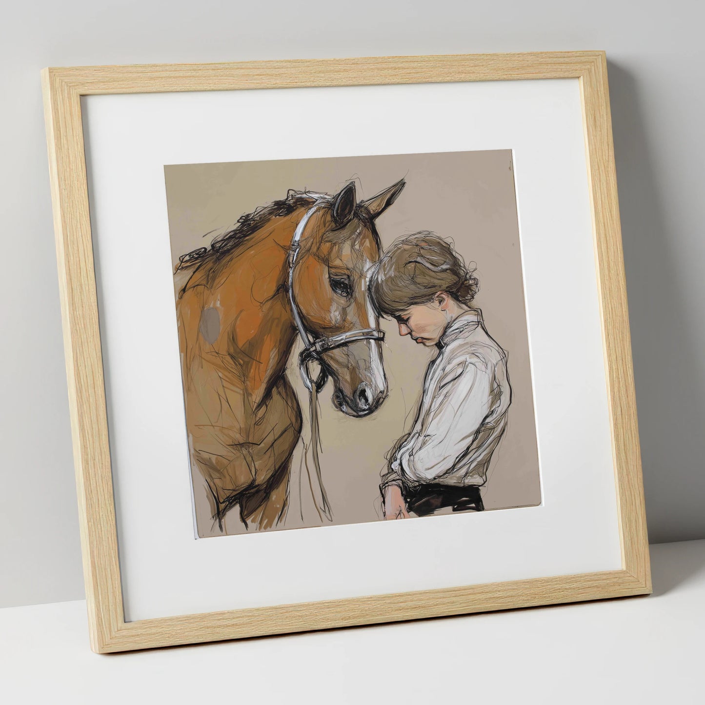 Silent Devotion horse & rider art print in natural frame