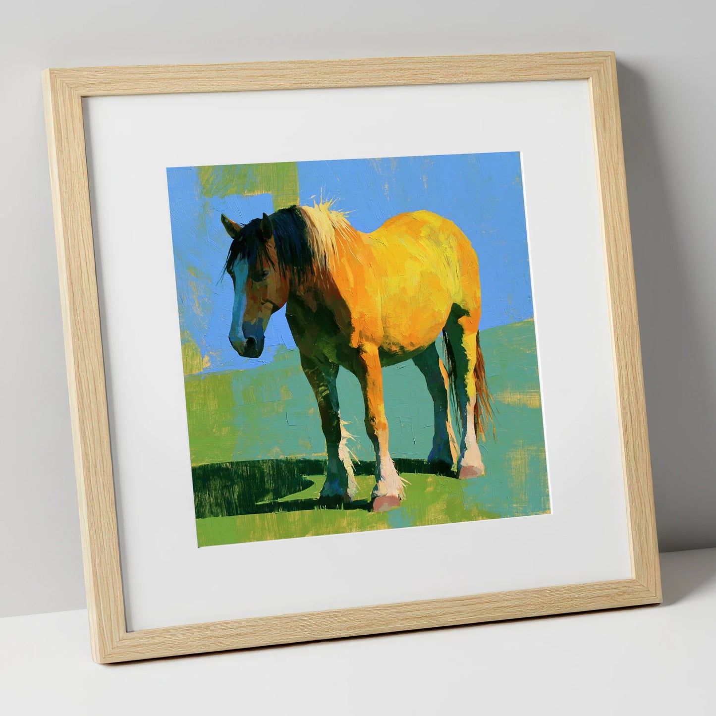 Golden Horse in Vibrant Sunlight horse breed art print in natural frame