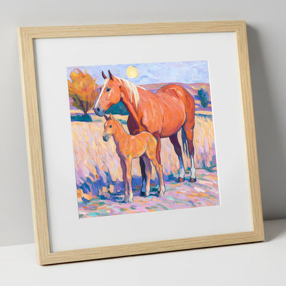 Radiant Chestnut Bond mare & foal art print in natural frame