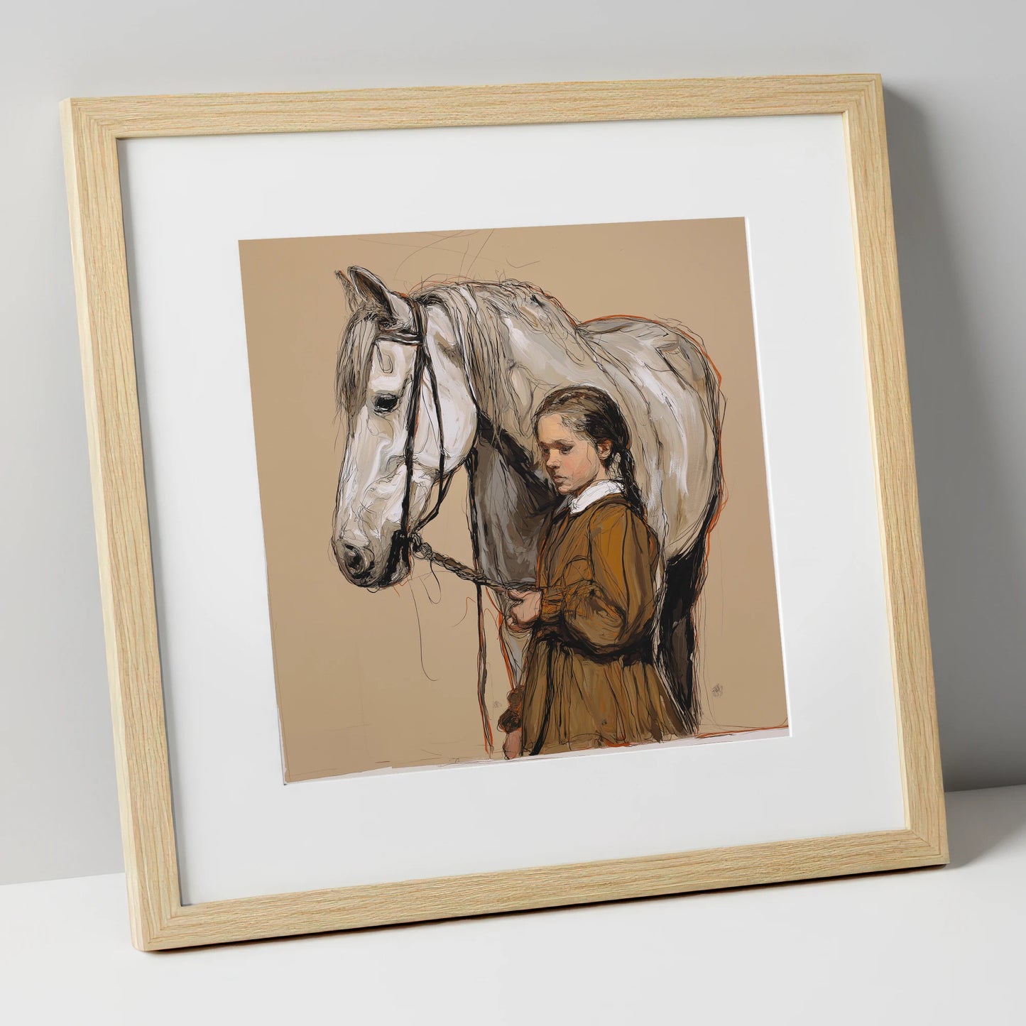 Gentle Guidance horse & rider art print in natural frame