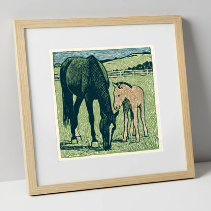 Rustic Pasture Companions mare & foal art print in natural frame