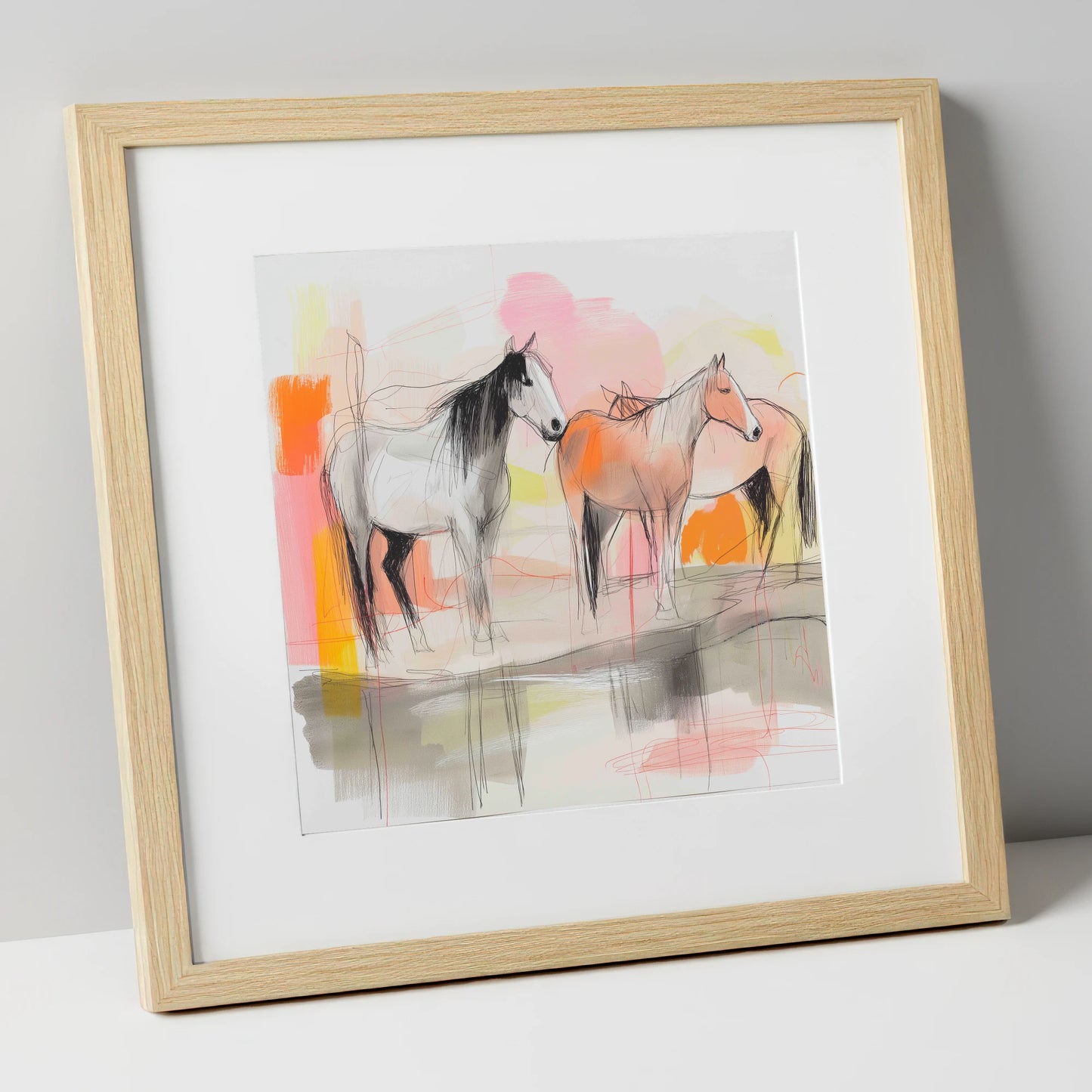 Sunset Harmony on the Plains wild horses art print in natural frame