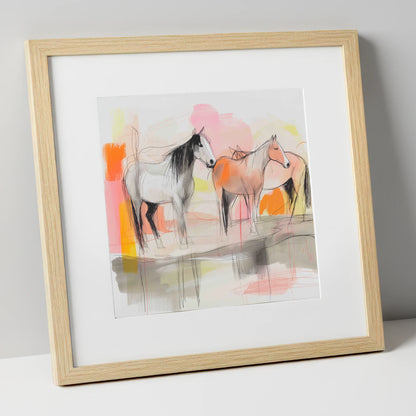 Sunset Harmony on the Plains wild horses art print in natural frame