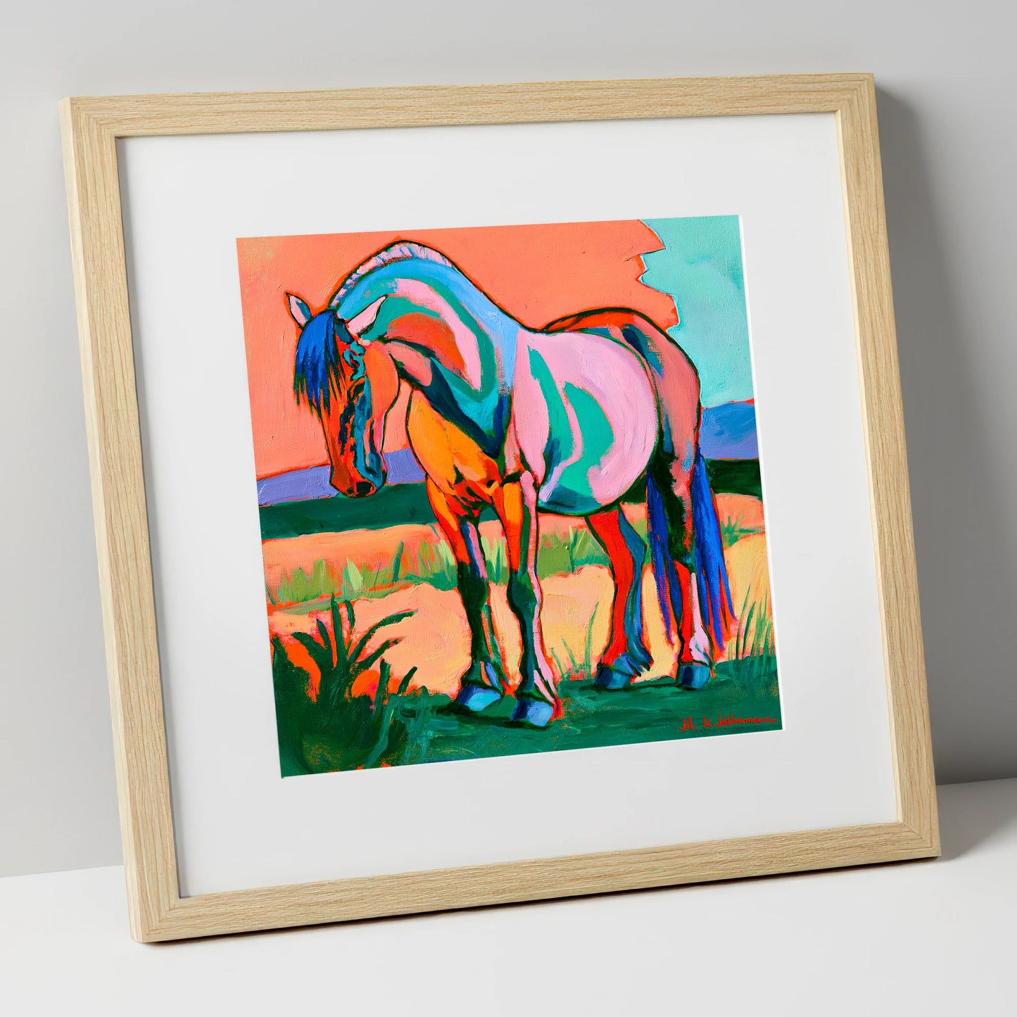 Colourful Contemporary Standing Horse horse breed art print in natural frame