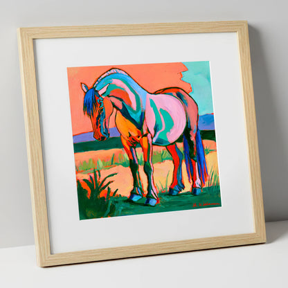 Colourful Contemporary Standing Horse horse breed art print in natural frame