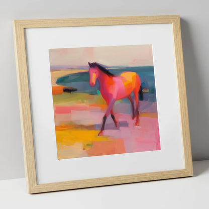 Vibrant Painted Stride horse landscape art print in natural frame