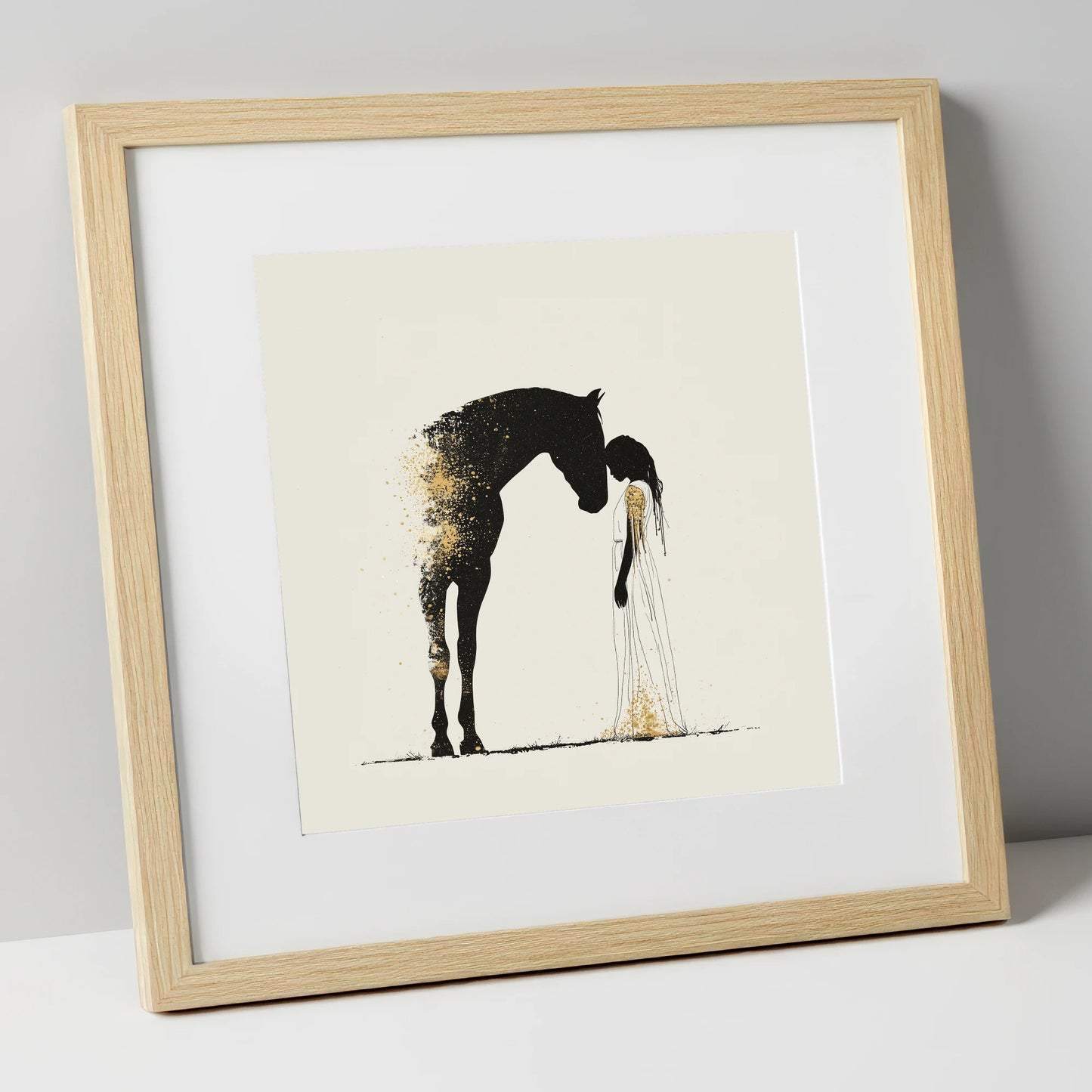 Golden Connection horse & rider art print in natural frame