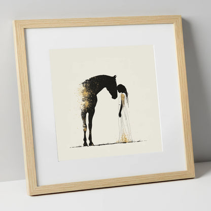 Golden Connection horse & rider art print in natural frame