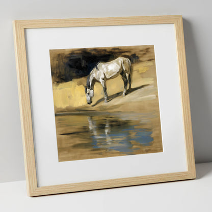 Quiet Waters Reflection horse landscape art print in natural frame