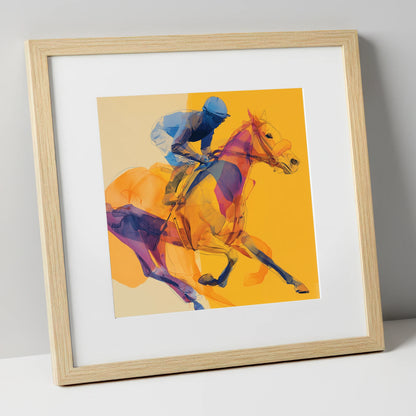 Cobalt Racing Stride racing horse art print in natural frame