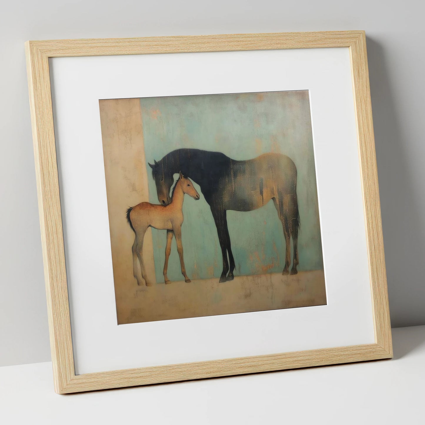 A Golden Bond mare & foal art print in natural frame