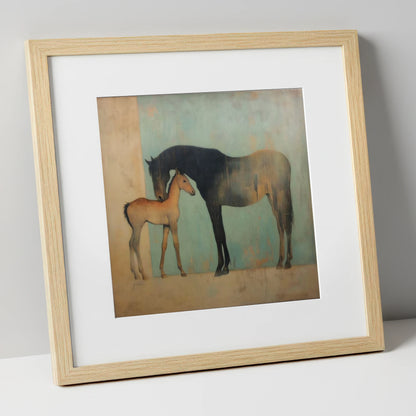 A Golden Bond mare & foal art print in natural frame