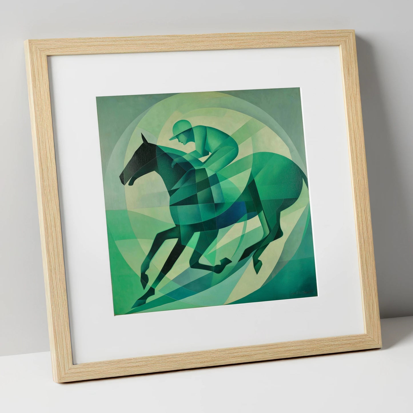 Emerald Rhythm racing horse art print in natural frame