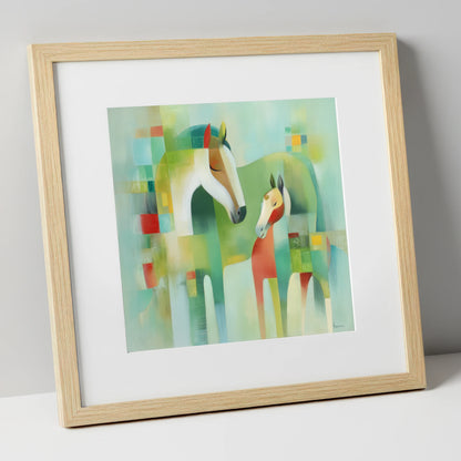 Contemporary Equine Harmony mare & foal art print in natural frame