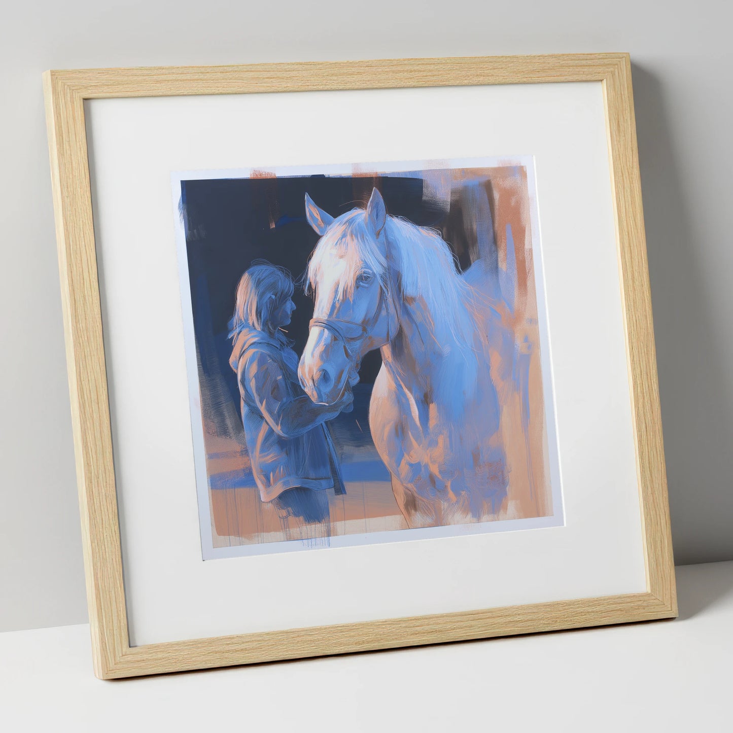 The Cobalt Bond horse & rider art print in natural frame