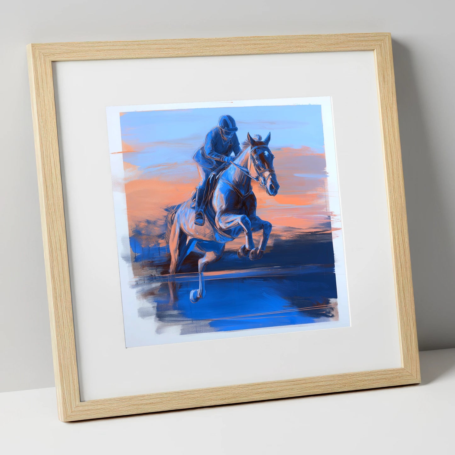 Cobalt Flight show jumping horse art print in natural frame