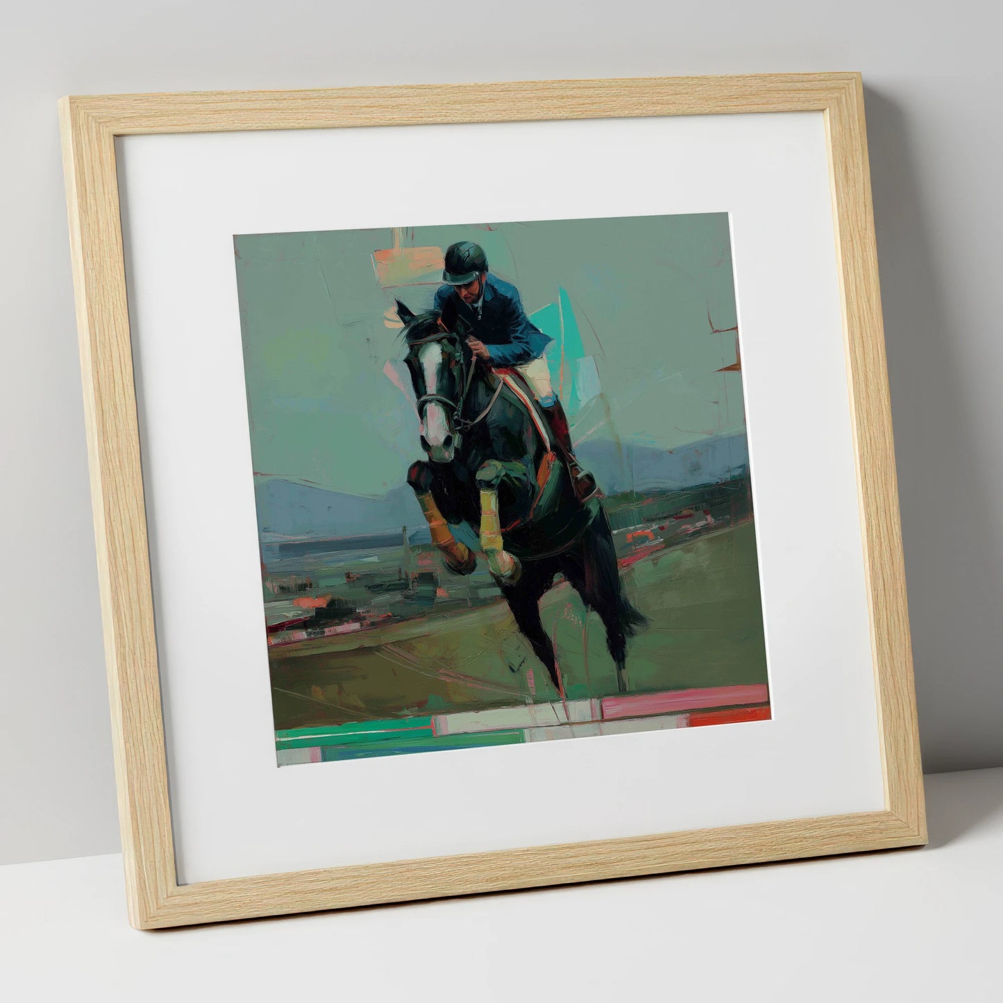Bold Ascent show jumping horse art print in natural frame