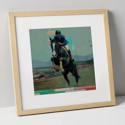 Bold Ascent show jumping horse art print in natural frame